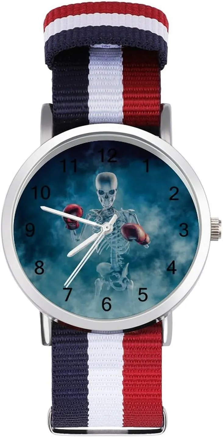 cheese Wrist Watch Adjustable Nylon Band Outdoor Sport Work Wristwatch Easy to Read Time Scary Fighter Skeleton Wearing Boxing Gloves 