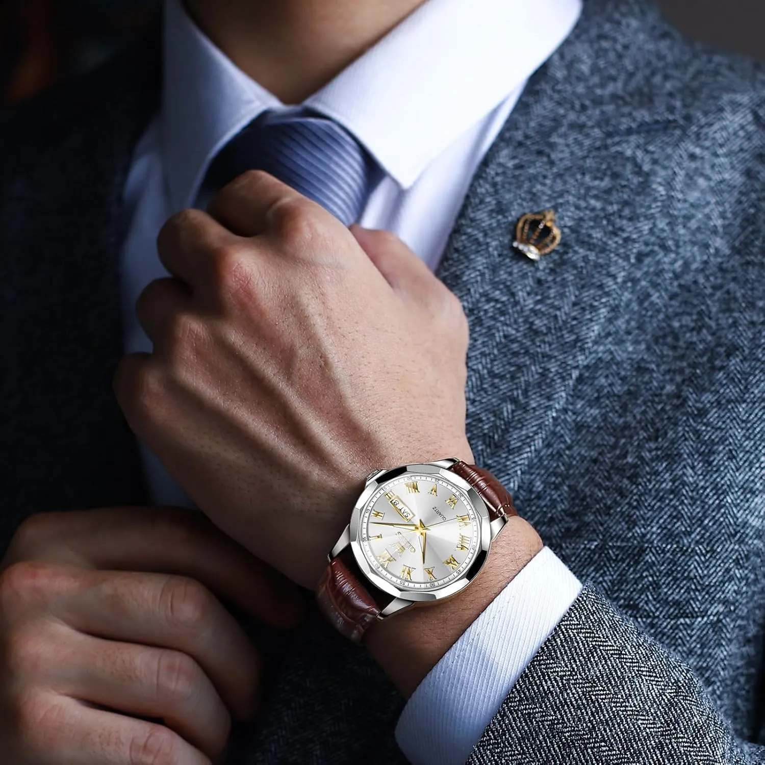 Chronograph Quartz Watches, Leather Strap Gold Case with Day Date, Waterproof Stainless Steel Wrist Watch, Luminous Hand Analog Watches for Men, Brown/Black/Blue/White entrance jewelry educate Dial OLEVS Men's 