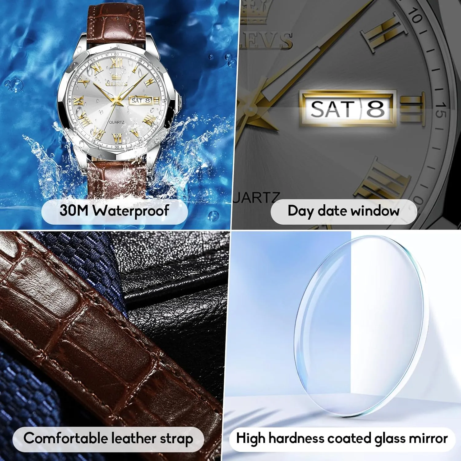 Chronograph Quartz Watches, Leather Strap Gold Case with Day Date, Waterproof Stainless Steel Wrist Watch, Luminous Hand Analog Watches for Men, Brown/Black/Blue/White entrance jewelry educate Dial OLEVS Men's 