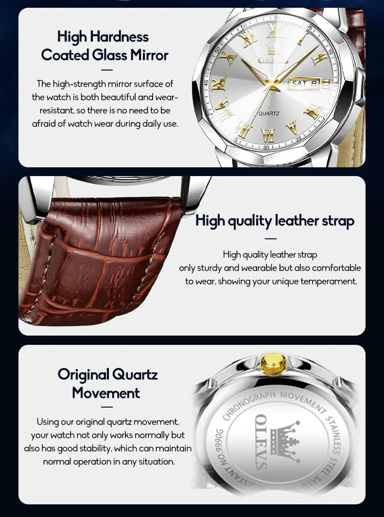 Chronograph Quartz Watches, Leather Strap Gold Case with Day Date, Waterproof Stainless Steel Wrist Watch, Luminous Hand Analog Watches for Men, Brown/Black/Blue/White entrance jewelry educate Dial OLEVS Men's 