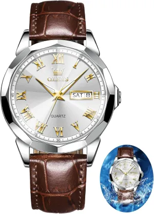 Chronograph Quartz Watches, Leather Strap Gold Case with Day Date, Waterproof Stainless Steel Wrist Watch, Luminous Hand Analog Watches for Men, Brown/Black/Blue/White entrance jewelry educate Dial OLEVS Men's 