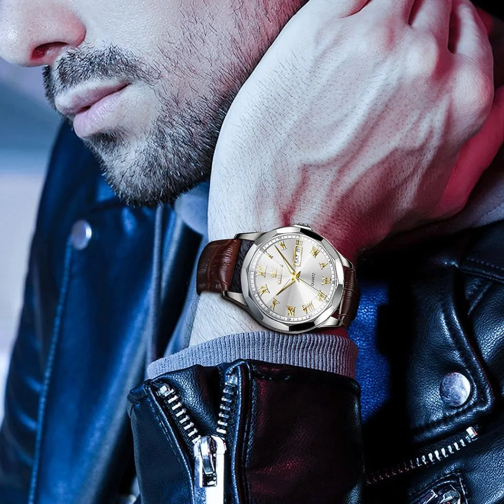 Chronograph Quartz Watches, Leather Strap Gold Case with Day Date, Waterproof Stainless Steel Wrist Watch, Luminous Hand Analog Watches for Men, Brown/Black/Blue/White entrance jewelry educate Dial OLEVS Men's 