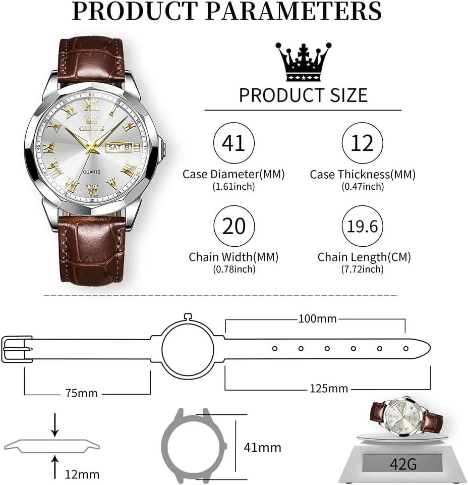Chronograph Quartz Watches, Leather Strap Gold Case with Day Date, Waterproof Stainless Steel Wrist Watch, Luminous Hand Analog Watches for Men, Brown/Black/Blue/White entrance jewelry educate Dial OLEVS Men's 