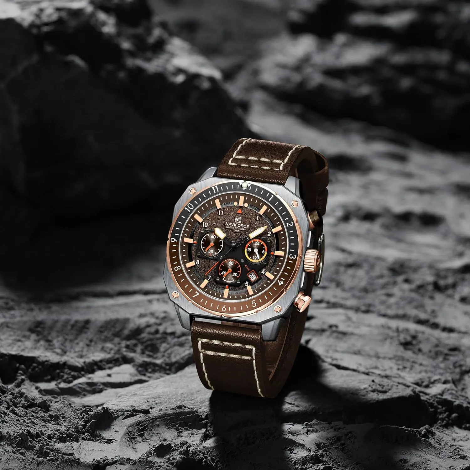 Chronograph Wristwatch primer receptacle with Luminous Hands,Leather Strap NAVIFORCE Men's Fashion Sport Watches Military Square Big Face Waterproof 