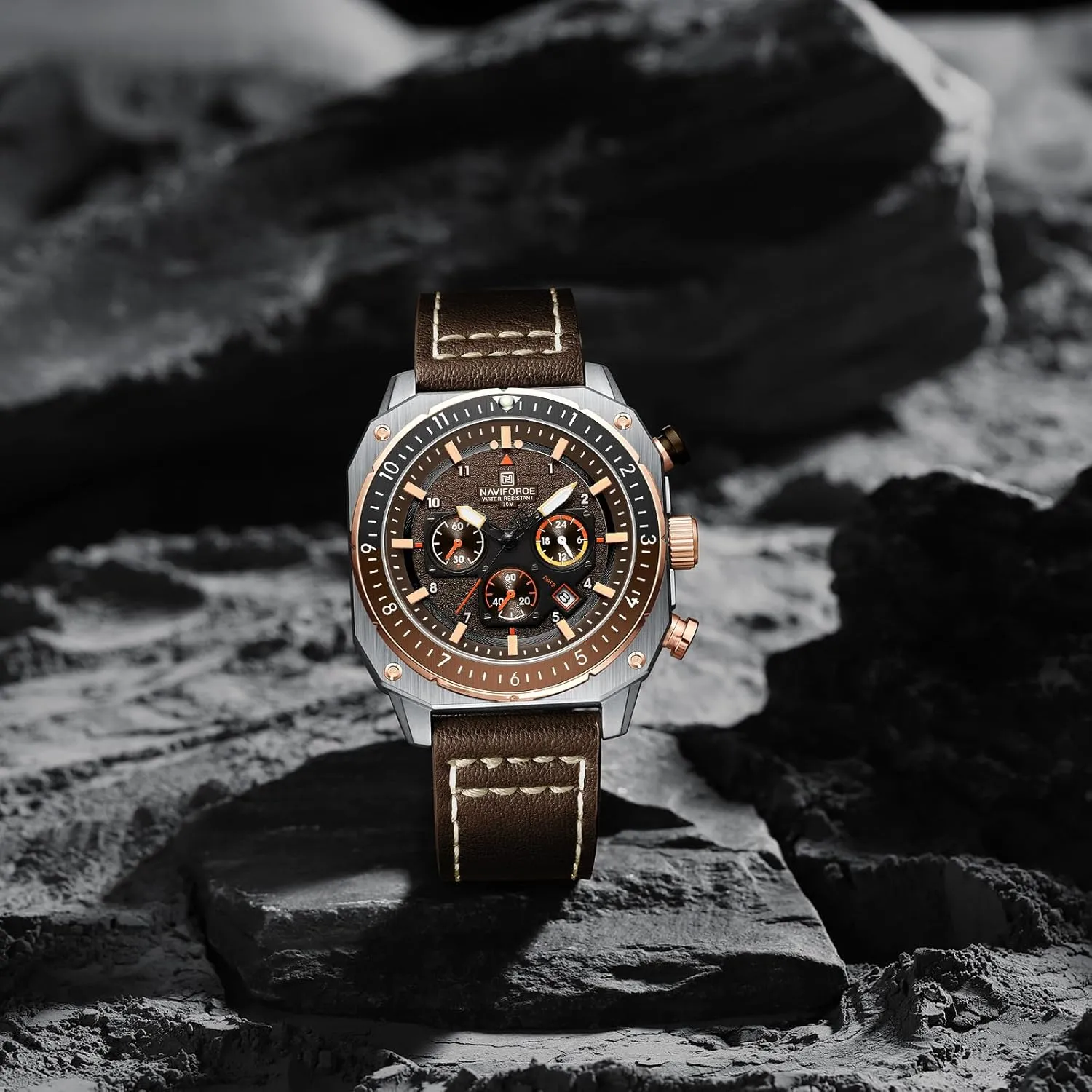 Chronograph Wristwatch primer receptacle with Luminous Hands,Leather Strap NAVIFORCE Men's Fashion Sport Watches Military Square Big Face Waterproof 