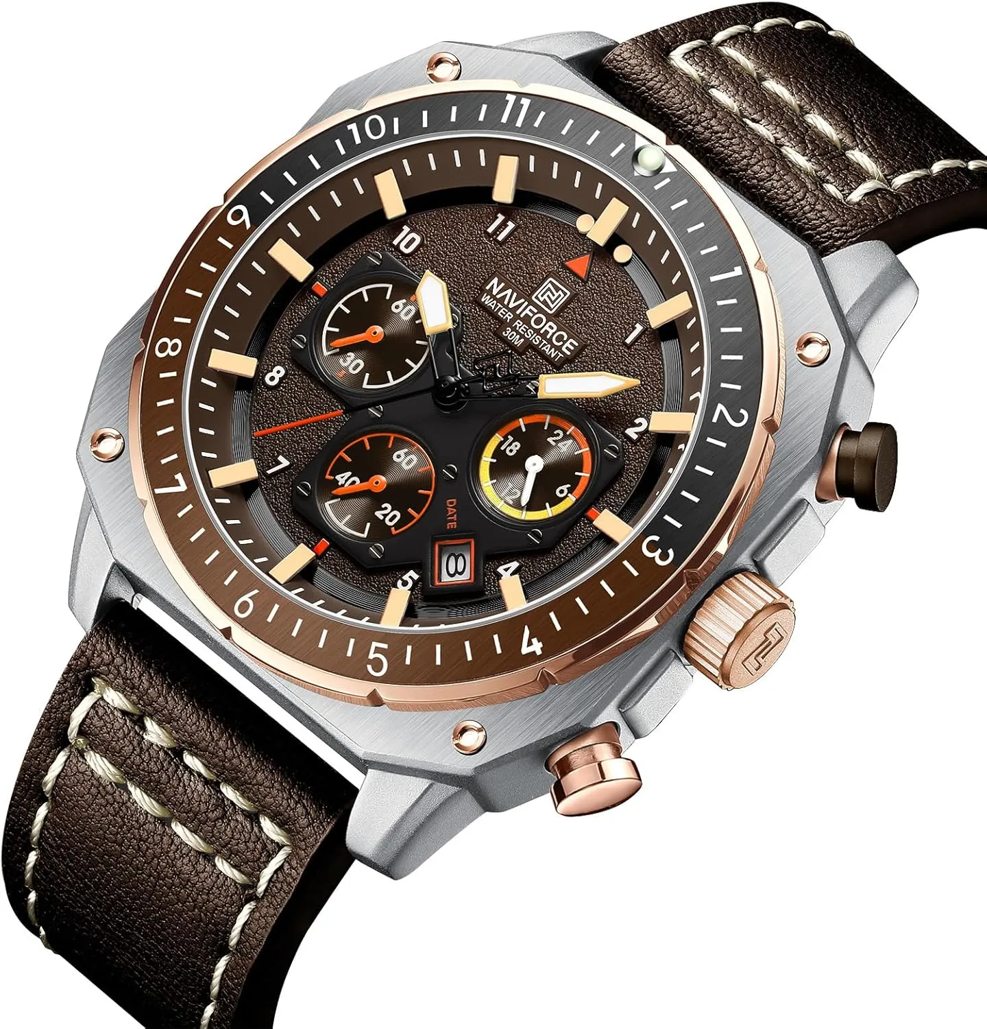 Chronograph Wristwatch primer receptacle with Luminous Hands,Leather Strap NAVIFORCE Men's Fashion Sport Watches Military Square Big Face Waterproof 