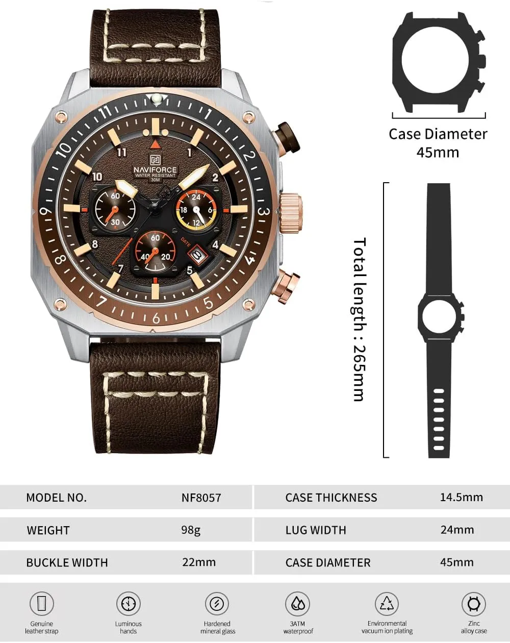 Chronograph Wristwatch primer receptacle with Luminous Hands,Leather Strap NAVIFORCE Men's Fashion Sport Watches Military Square Big Face Waterproof 