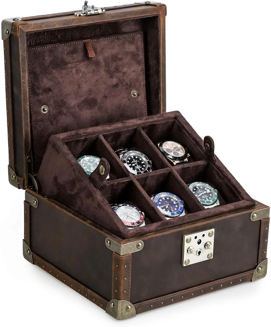 Clasp for Travel Storage Collection Hiram Luxury Handcrafted 6-Piece Watch Box - singleton extremity sanctuary mathematics instantly Genuine Crazy Horse Leather Wooden Display Case with Removable Pillows, Metal Reinforced Edges & Lock 
