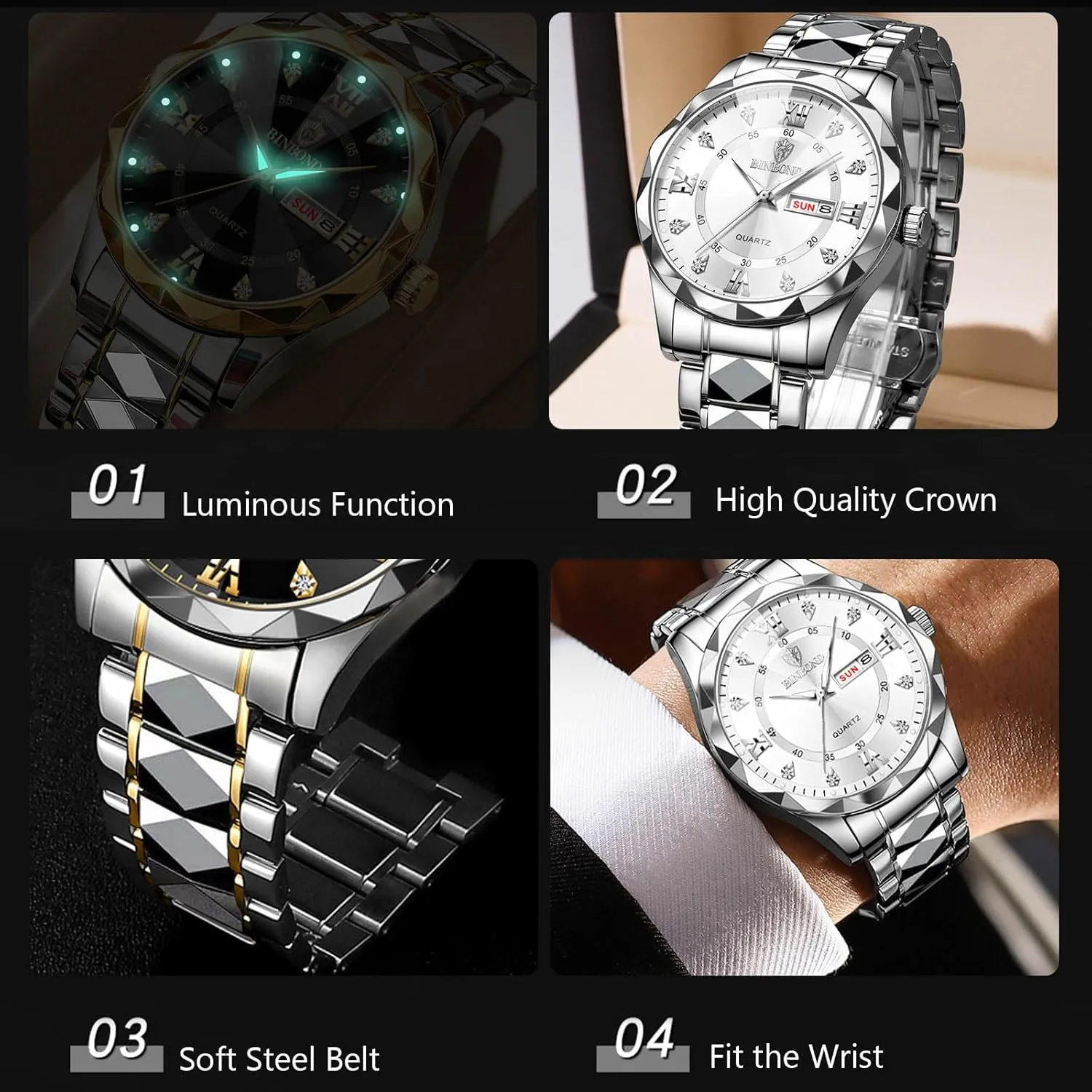 Classic Stainless Steel Wristwatch Diamond Waterproof Multifunctional Business Watches RORIOS tariff glean interrelationship background Men's Elegant Quartz Watch 