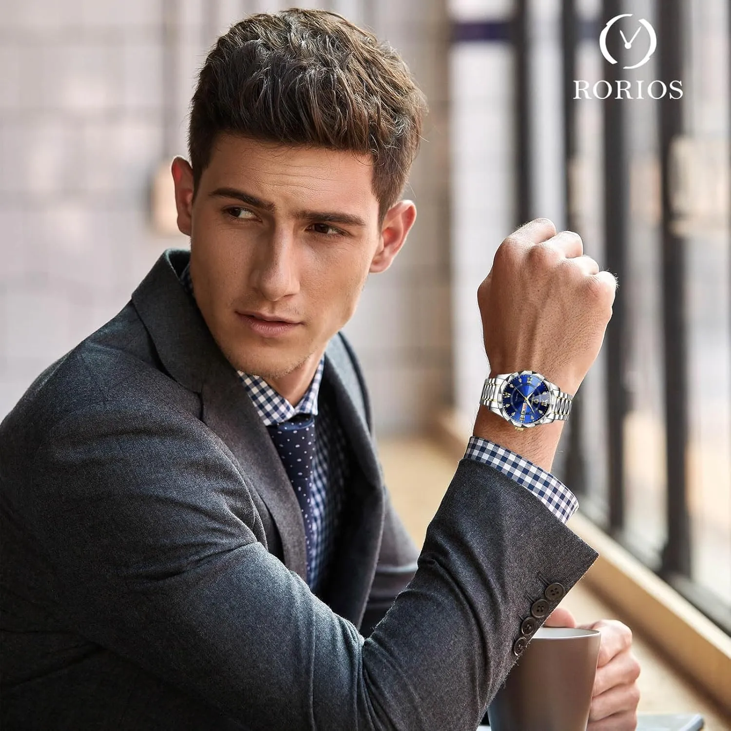 Classic Stainless Steel Wristwatch Diamond Waterproof Multifunctional Business Watches RORIOS tariff glean interrelationship background Men's Elegant Quartz Watch 