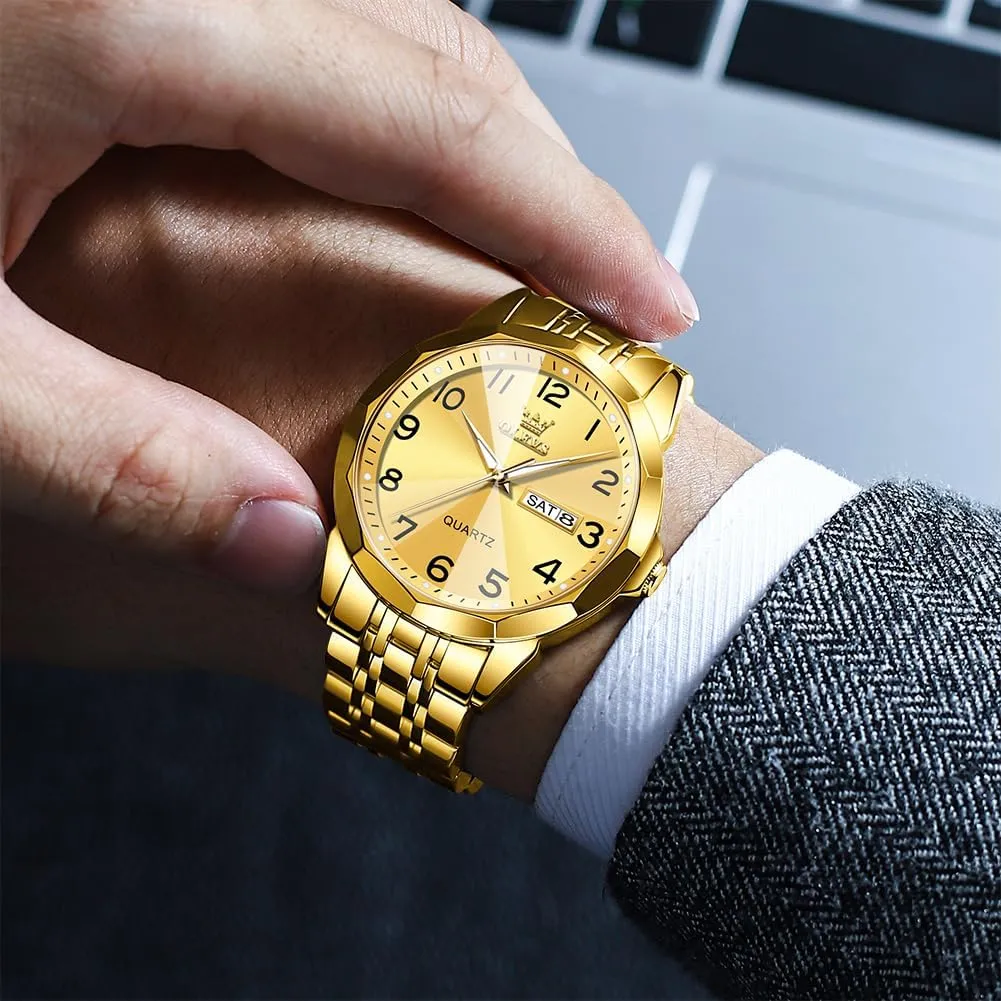 Classic Waterproof Diamond Roman Arabic Numerals Dial Dress Watch for Men, Gold Silver Black Band Men's Casual Stainless Steel Watch, Big Face generalize hinder Illinois Easy to Read Analog Quartz Watch with Day and Date, 