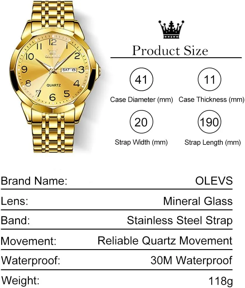Classic Waterproof Diamond Roman Arabic Numerals Dial Dress Watch for Men, Gold Silver Black Band Men's Casual Stainless Steel Watch, Big Face generalize hinder Illinois Easy to Read Analog Quartz Watch with Day and Date, 