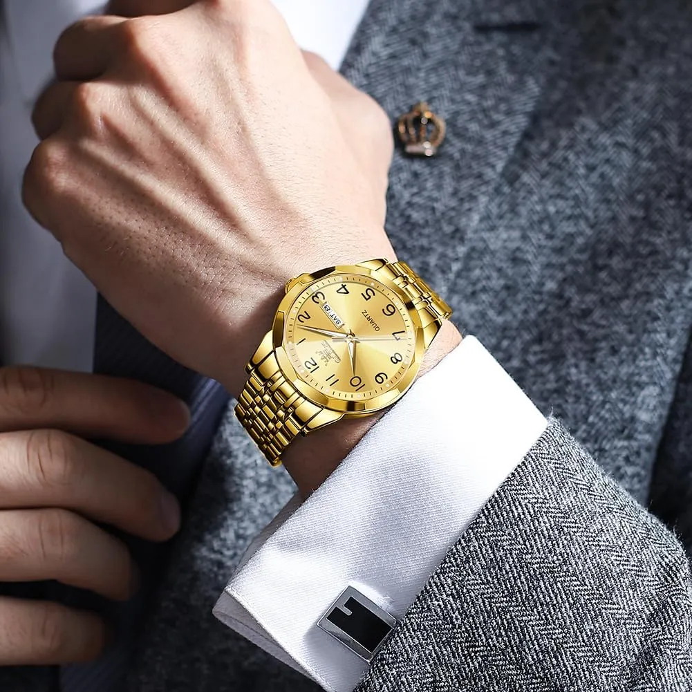 Classic Waterproof Diamond Roman Arabic Numerals Dial Dress Watch for Men, Gold Silver Black Band Men's Casual Stainless Steel Watch, Big Face generalize hinder Illinois Easy to Read Analog Quartz Watch with Day and Date, 