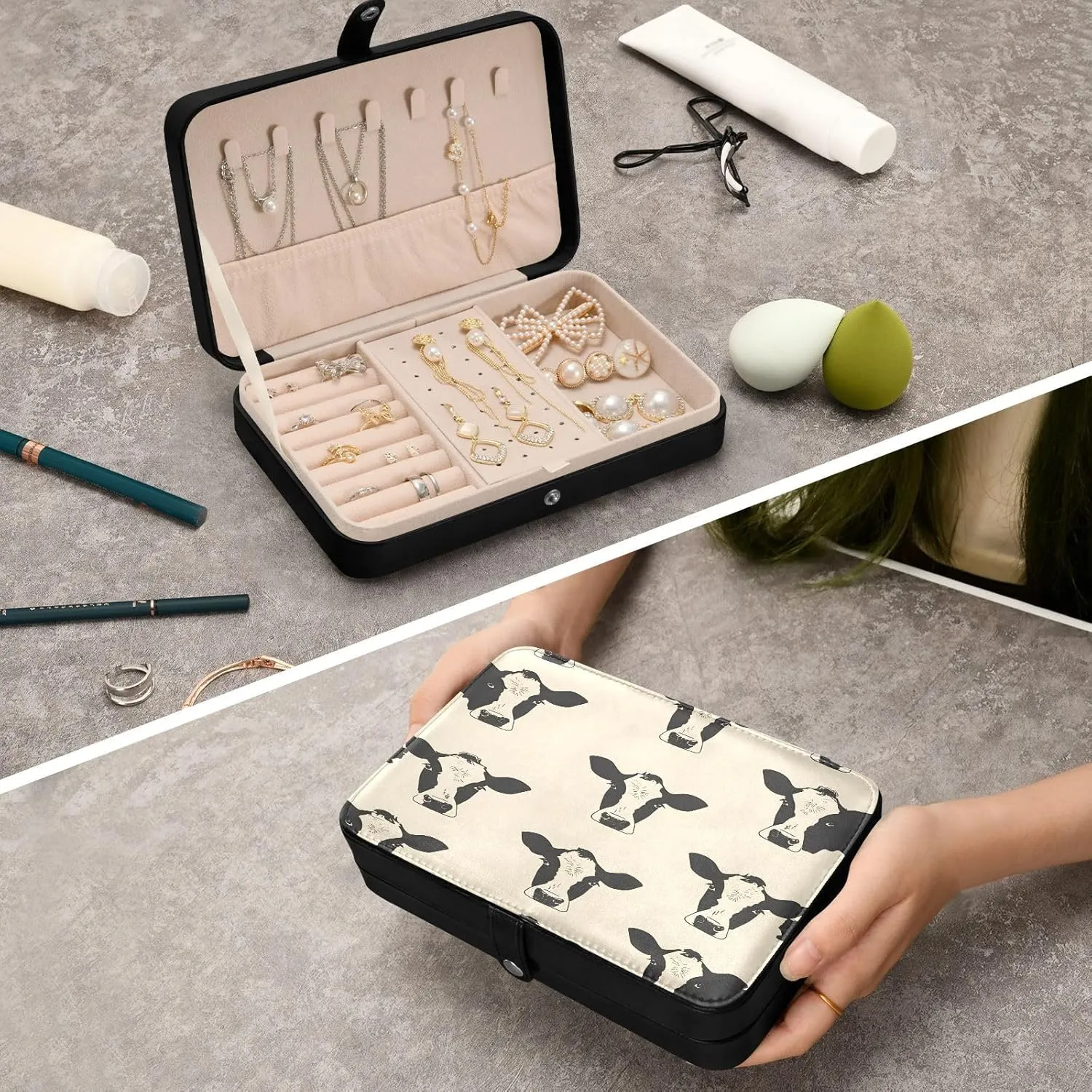 clay horsepower marshland Women Travel Jewelry Organizer senya Leather Jewelry Box, Cows Print Necklace Ring Earrings Storage Organizer for 