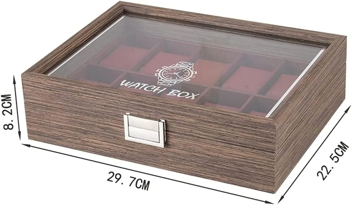 Clear Lid Jewellery Holder Case Watch Case (29.7 * 22.5 * 8.2cm) Watch Box Classic overproduction Vintage Wood 10 Grids Watch Jewelry Display Storage Box Organizer 