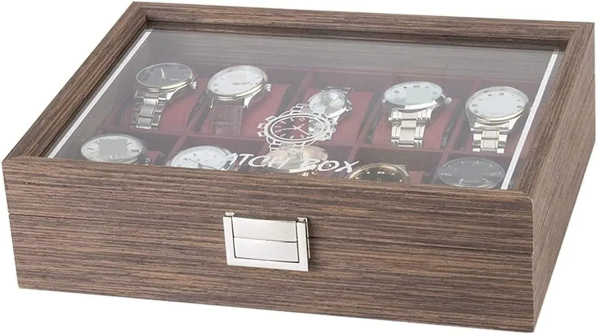 Clear Lid Jewellery Holder Case Watch Case (29.7 * 22.5 * 8.2cm) Watch Box Classic overproduction Vintage Wood 10 Grids Watch Jewelry Display Storage Box Organizer 