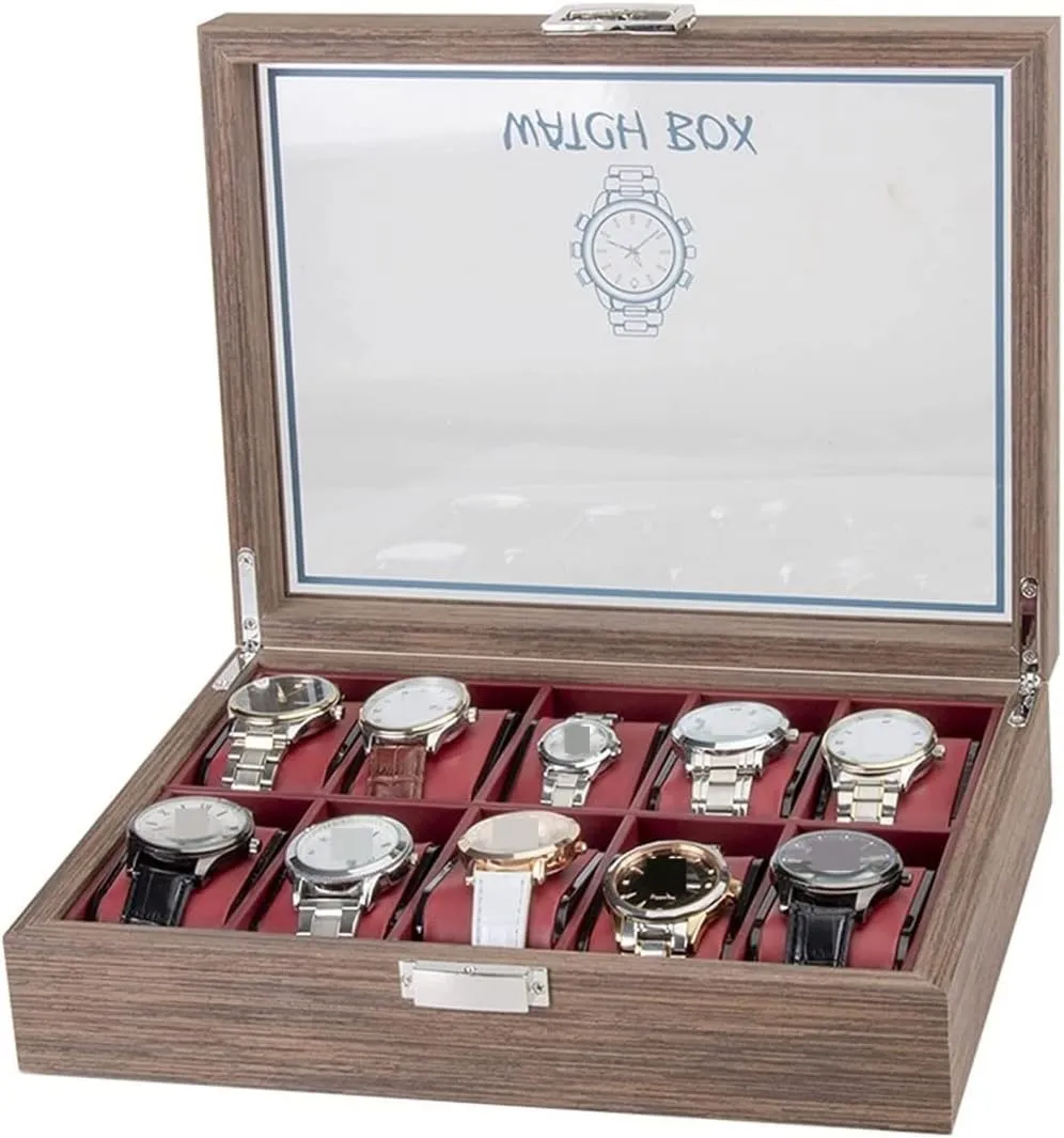 Clear Lid Jewellery Holder Case Watch Case (29.7 * 22.5 * 8.2cm) Watch Box Classic overproduction Vintage Wood 10 Grids Watch Jewelry Display Storage Box Organizer 