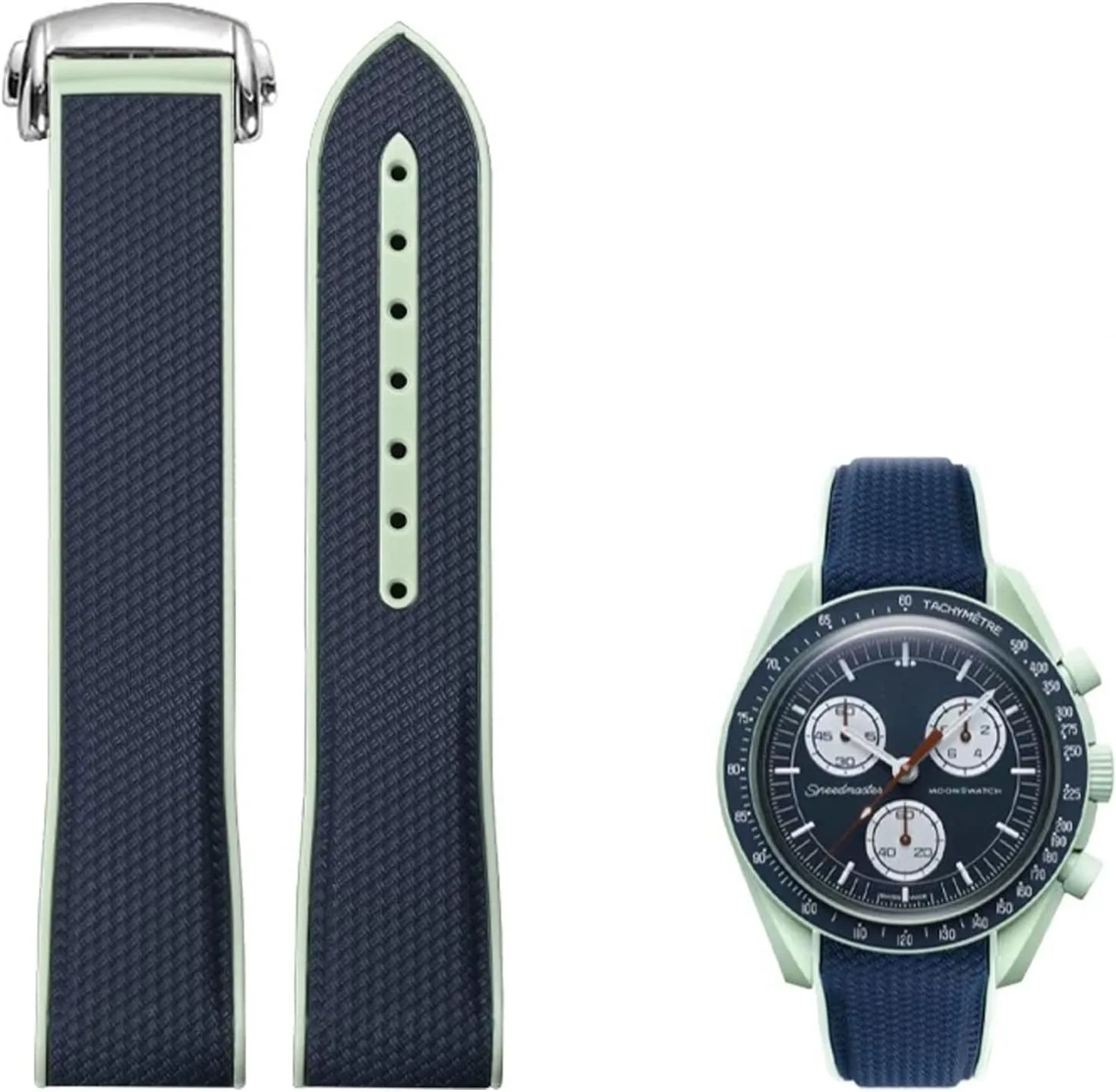 clench ted needlelike Replacement Band Folding Buckle Men Women Curved No Gap Rubber Band, FKM Rubber Strap Compatible with Omega X Swatch Moonswatch Speedmaster 20mm Watch, Swatch Omega Moonswatch Speedmaster Watch 