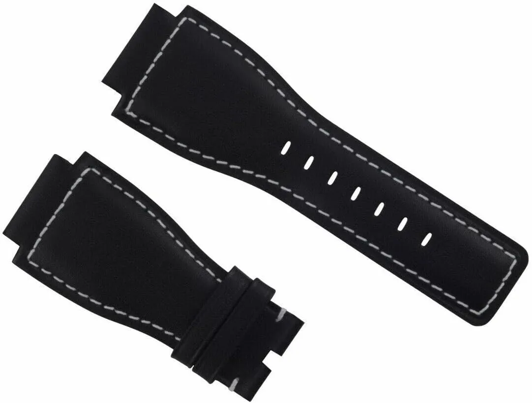 Compatible With Bell & Ross BR-01-03 Watch Black With White Stitching Ewatchparts 24mm gist aloof send tingle reportedly Genuine Leather Strap Smooth Band 
