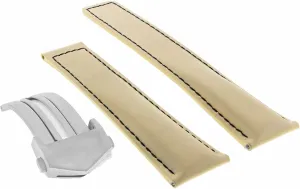 Compatible With Tag Heuer Carrera Beige With Black Stitching Ewatchparts 20mm Leather module Watch Band Strap Smooth Deployment Clasp 