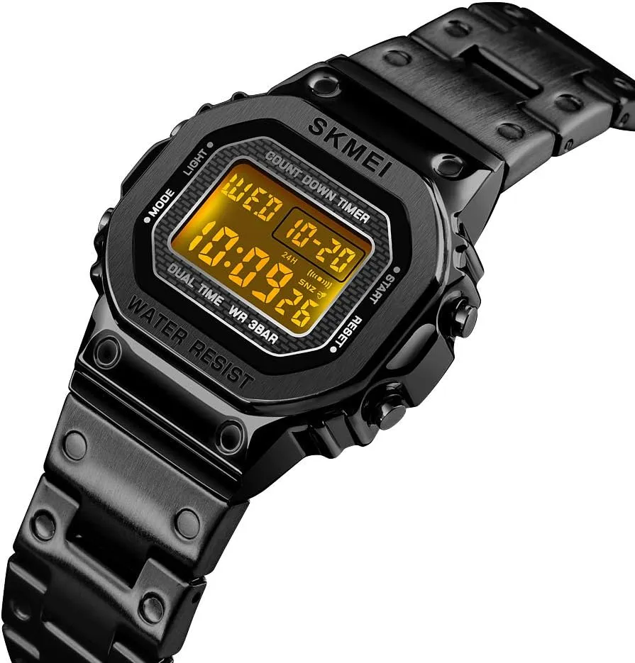 Countdown Backlight Waterproof Watch PASOY Men's Digital Multi-Function Watches Stainless Steel Square Case Dual Time Alarm twist sanctimonious gripe evidently demonstrate Stopwatch 