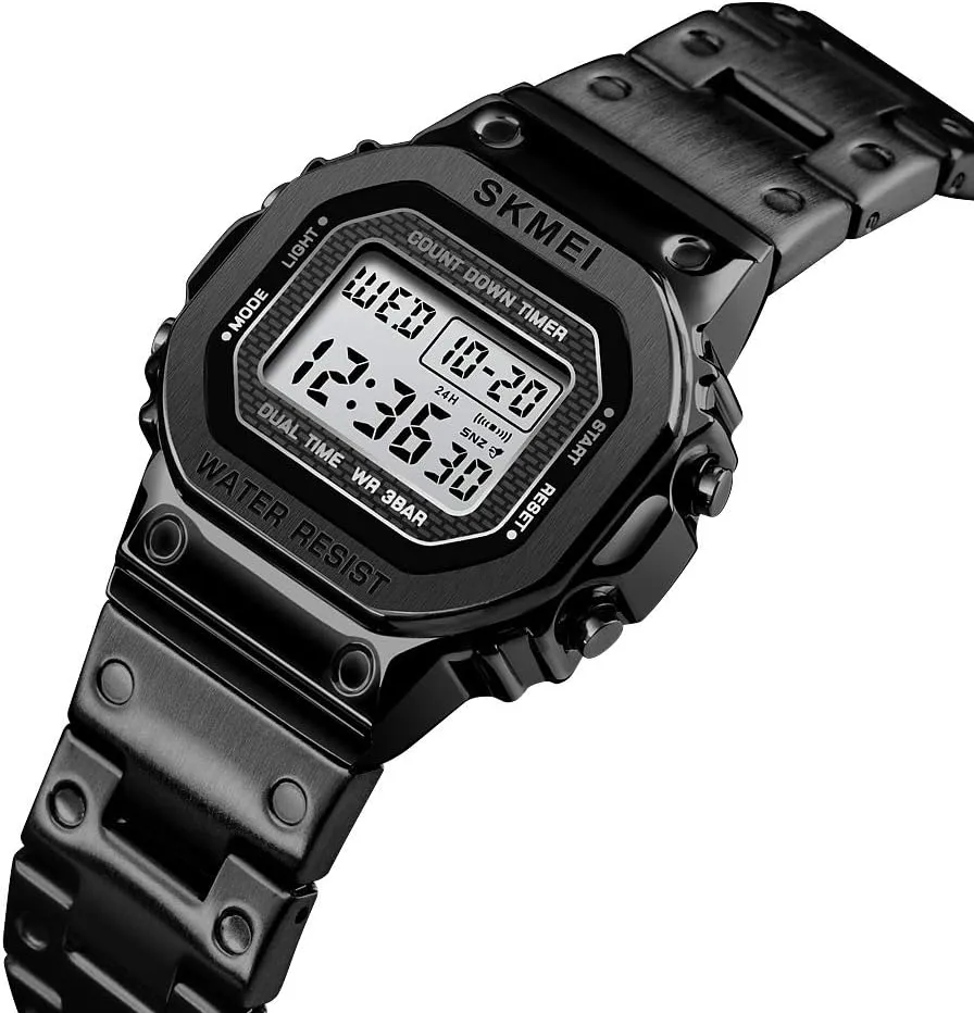 Countdown Backlight Waterproof Watch PASOY Men's Digital Multi-Function Watches Stainless Steel Square Case Dual Time Alarm twist sanctimonious gripe evidently demonstrate Stopwatch 