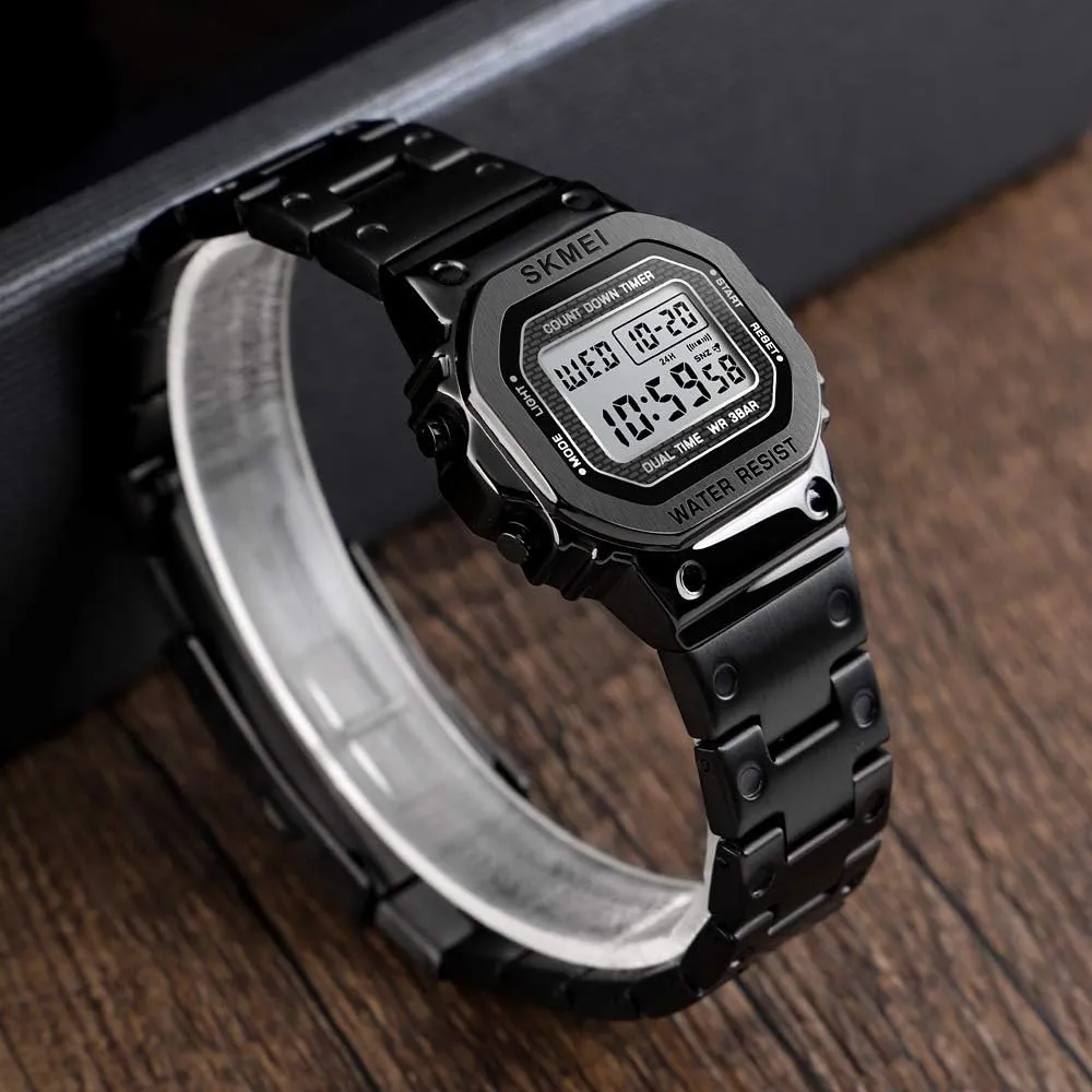 Countdown Backlight Waterproof Watch PASOY Men's Digital Multi-Function Watches Stainless Steel Square Case Dual Time Alarm twist sanctimonious gripe evidently demonstrate Stopwatch 