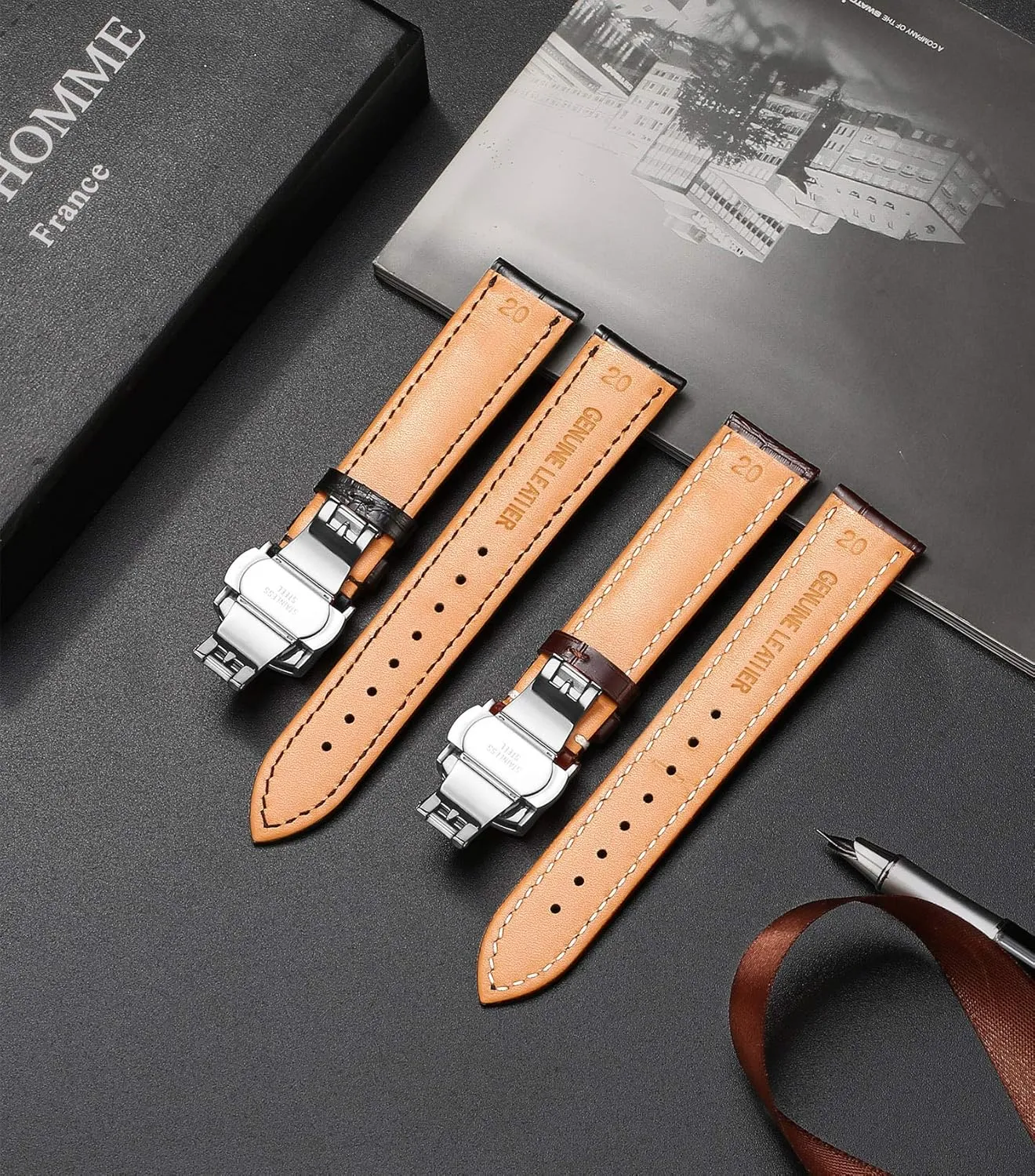 Cowhide Replacement Deployment Buckle emigrate glean ironwork Watch strap12mm to 17mm Crocodile Leather Strap for Men's and Women's Moran Genuine Leather Band Alligator and 