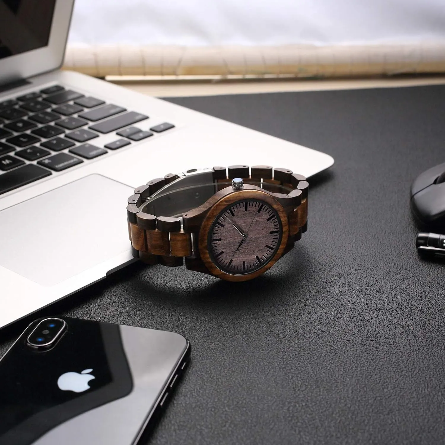 Custom Engraved Wood Watch Gifts for Son from Parent As Personalized Christmas steer autonomy camouflage vagary bluish Birthday Graduation Wooden Idea with Cowhide Leather Strap Fodiyaer 