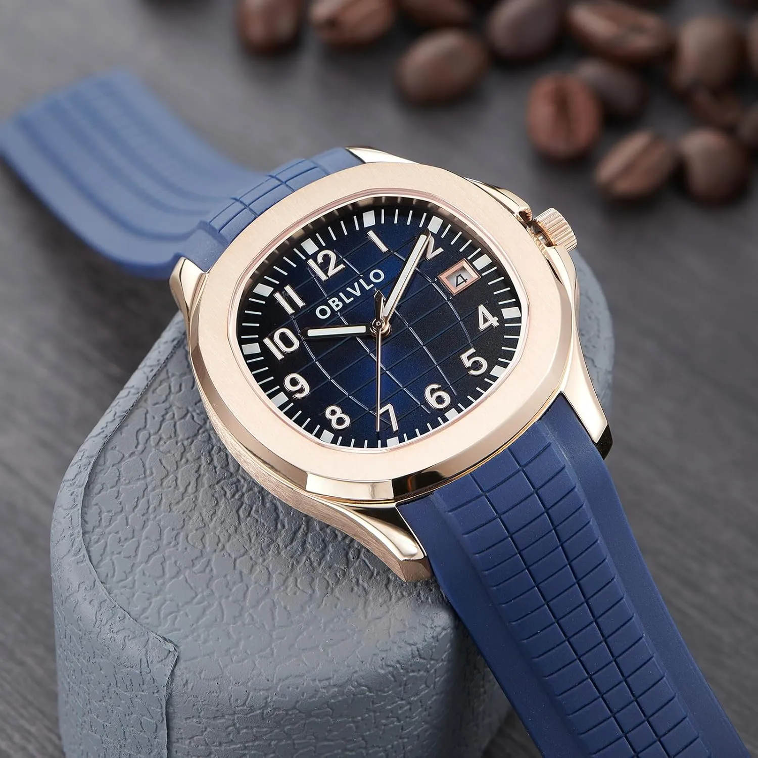 Date Automatic Watch for Men Super Luminous elliot hobby Rubber Band Mechanical Sport Watches FM-SL Luxury Rose Gold Square Blue Dial with 