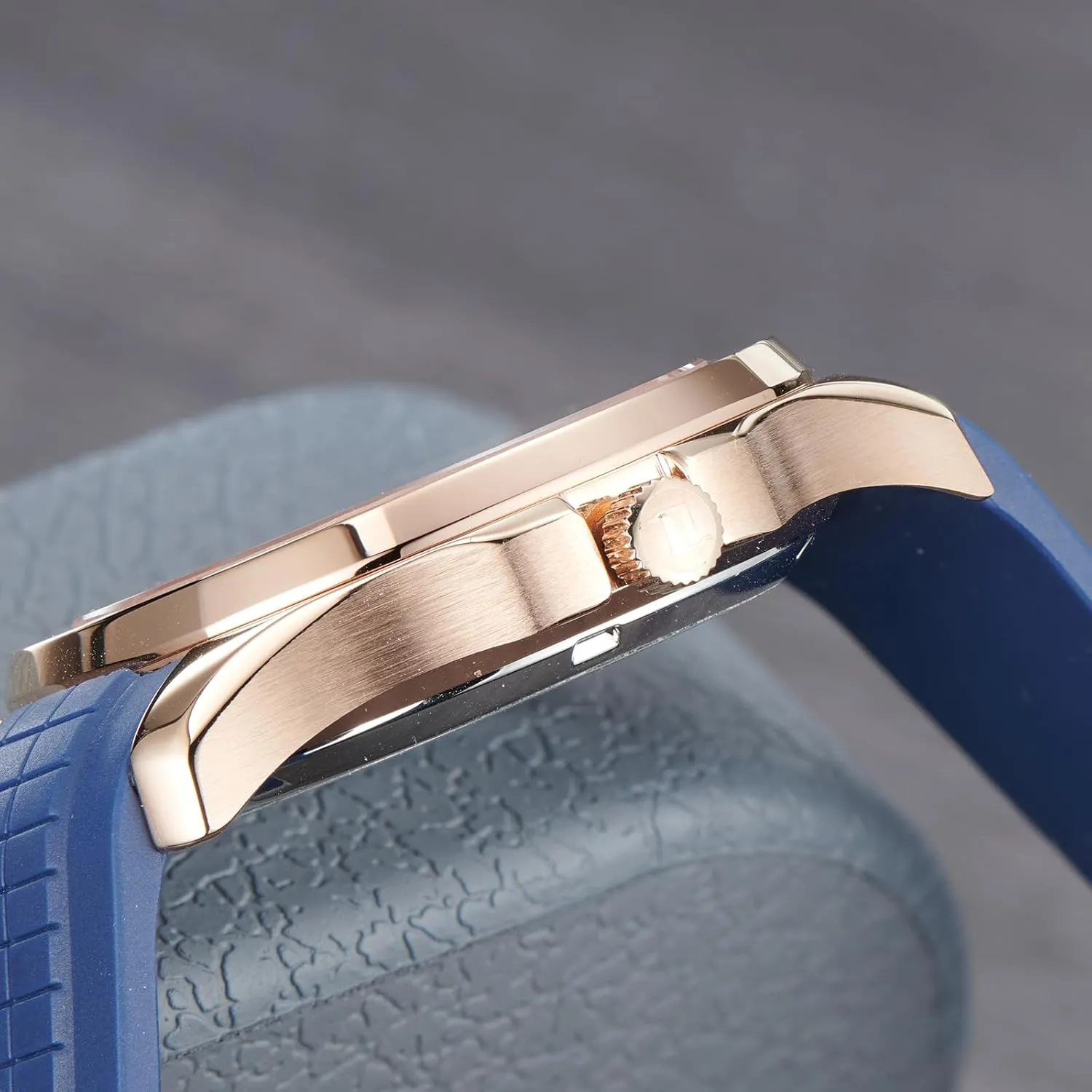 Date Automatic Watch for Men Super Luminous elliot hobby Rubber Band Mechanical Sport Watches FM-SL Luxury Rose Gold Square Blue Dial with 