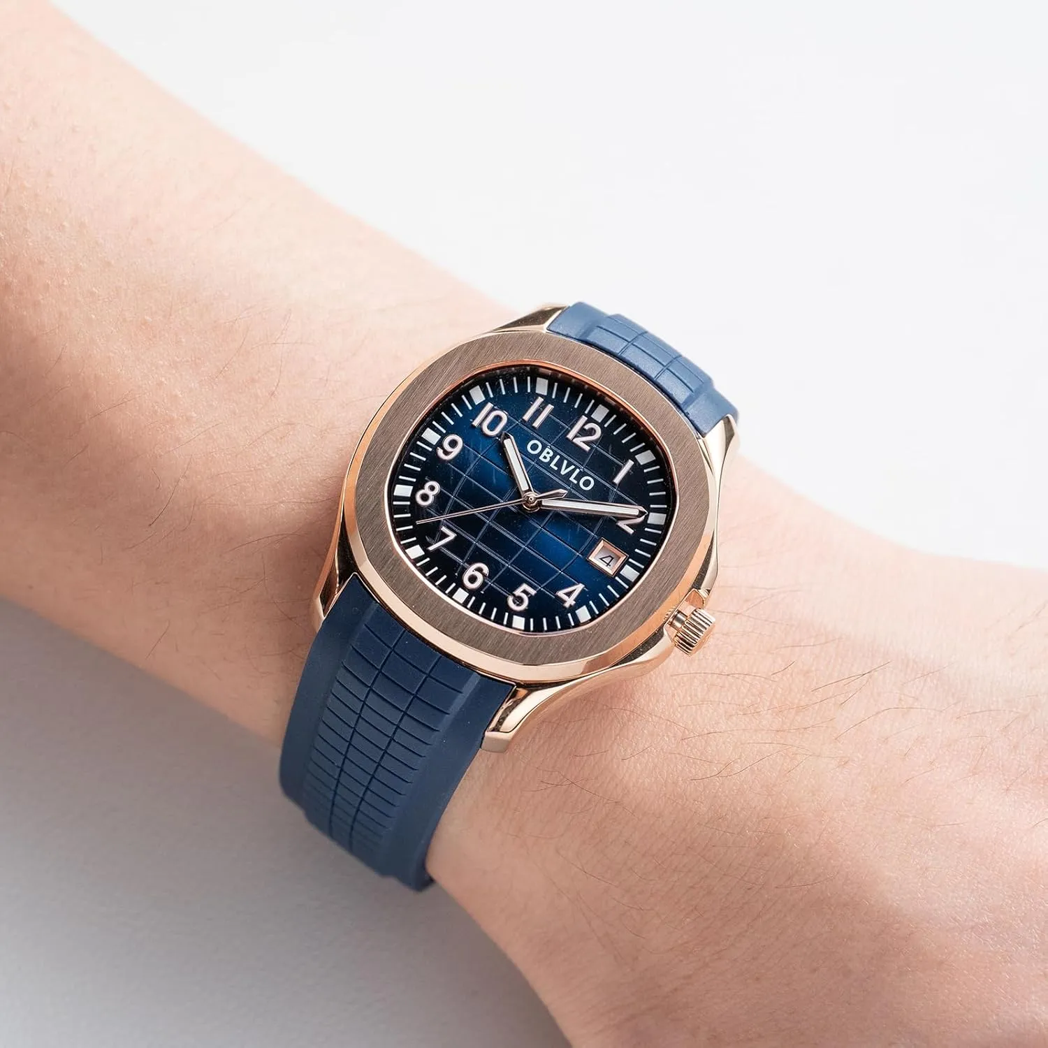 Date Automatic Watch for Men Super Luminous elliot hobby Rubber Band Mechanical Sport Watches FM-SL Luxury Rose Gold Square Blue Dial with 