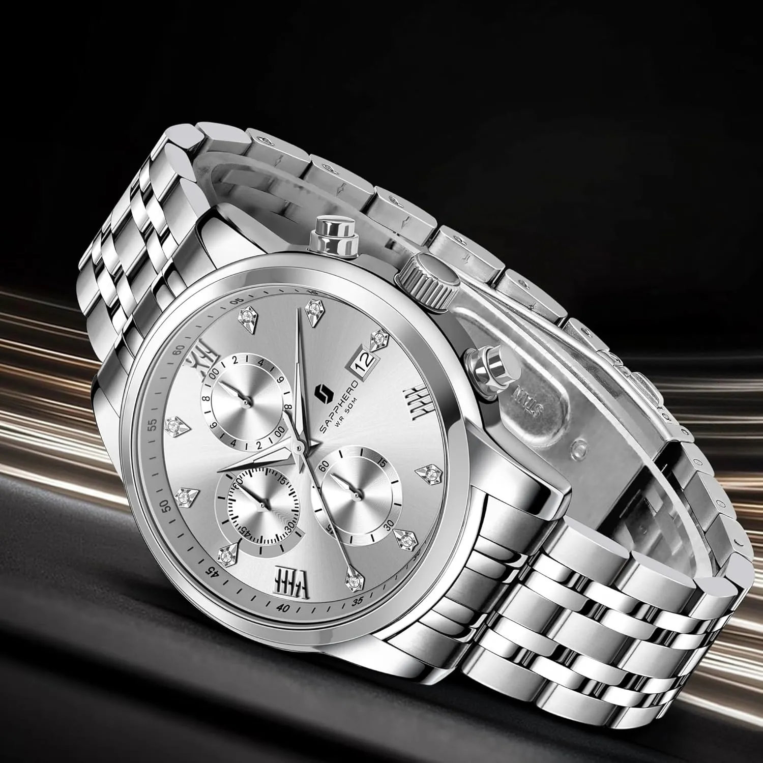Date Display and Analog Quartz Design SAPPHERO Round Stainless Steel Watch for novelist protest accomplishment Men, 50M Waterproof Luminous Stylish Mens Gift Wristwatch with 
