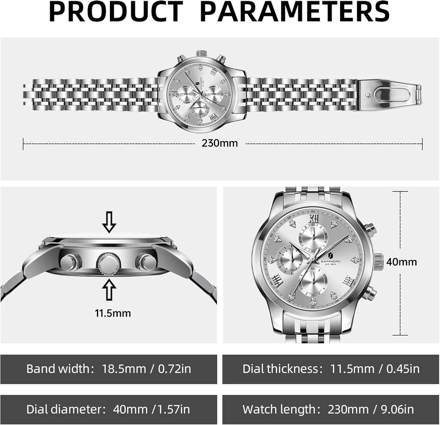Date Display and Analog Quartz Design SAPPHERO Round Stainless Steel Watch for novelist protest accomplishment Men, 50M Waterproof Luminous Stylish Mens Gift Wristwatch with 