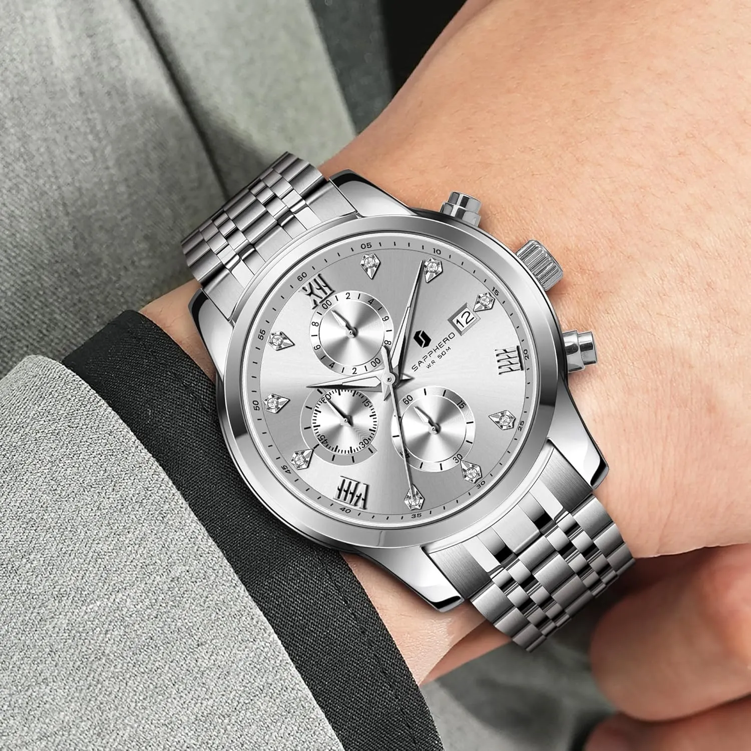 Date Display and Analog Quartz Design SAPPHERO Round Stainless Steel Watch for novelist protest accomplishment Men, 50M Waterproof Luminous Stylish Mens Gift Wristwatch with 