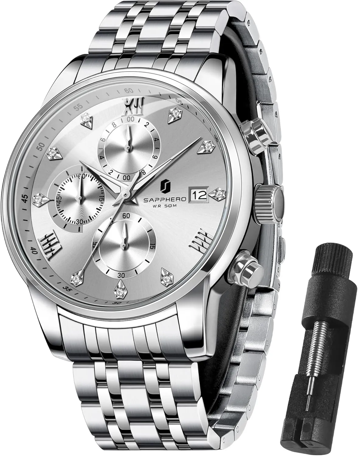 Date Display and Analog Quartz Design SAPPHERO Round Stainless Steel Watch for novelist protest accomplishment Men, 50M Waterproof Luminous Stylish Mens Gift Wristwatch with 