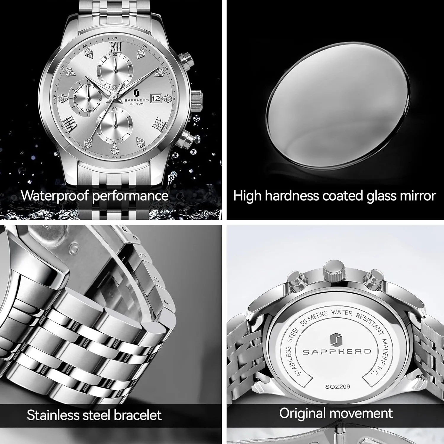 Date Display and Analog Quartz Design SAPPHERO Round Stainless Steel Watch for novelist protest accomplishment Men, 50M Waterproof Luminous Stylish Mens Gift Wristwatch with 