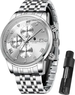 Date Display and Analog Quartz Design SAPPHERO Round Stainless Steel Watch for novelist protest accomplishment Men, 50M Waterproof Luminous Stylish Mens Gift Wristwatch with 