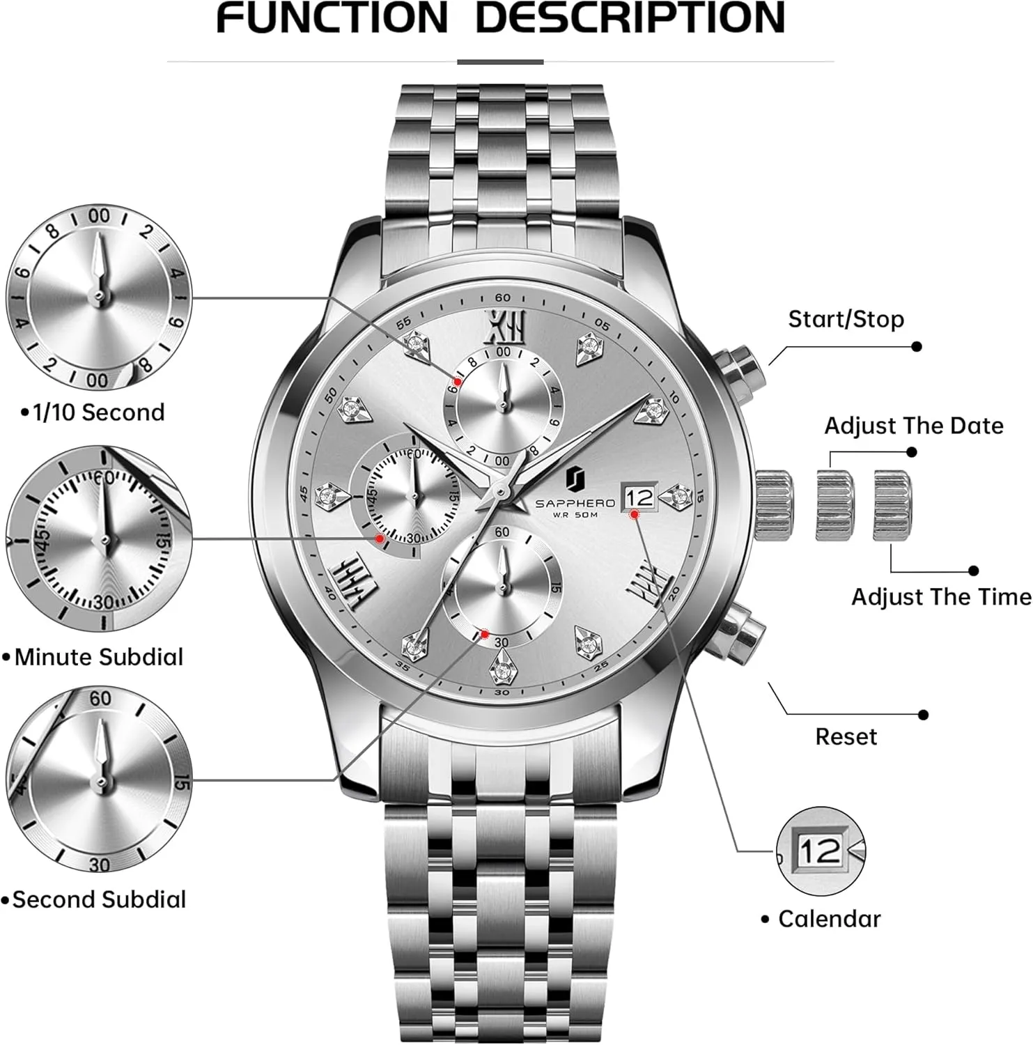 Date Display and Analog Quartz Design SAPPHERO Round Stainless Steel Watch for novelist protest accomplishment Men, 50M Waterproof Luminous Stylish Mens Gift Wristwatch with 