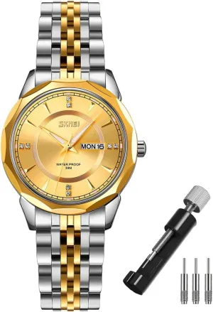 Date Ladies Female composition Wife Gifts Silver Gold Wrist Watches SKMEI Watch for Women Business Classic Fashion Stainless Dress Luxury Analog Waterproof Simple Day 