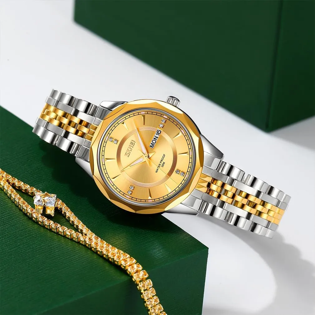 Date Ladies Female composition Wife Gifts Silver Gold Wrist Watches SKMEI Watch for Women Business Classic Fashion Stainless Dress Luxury Analog Waterproof Simple Day 