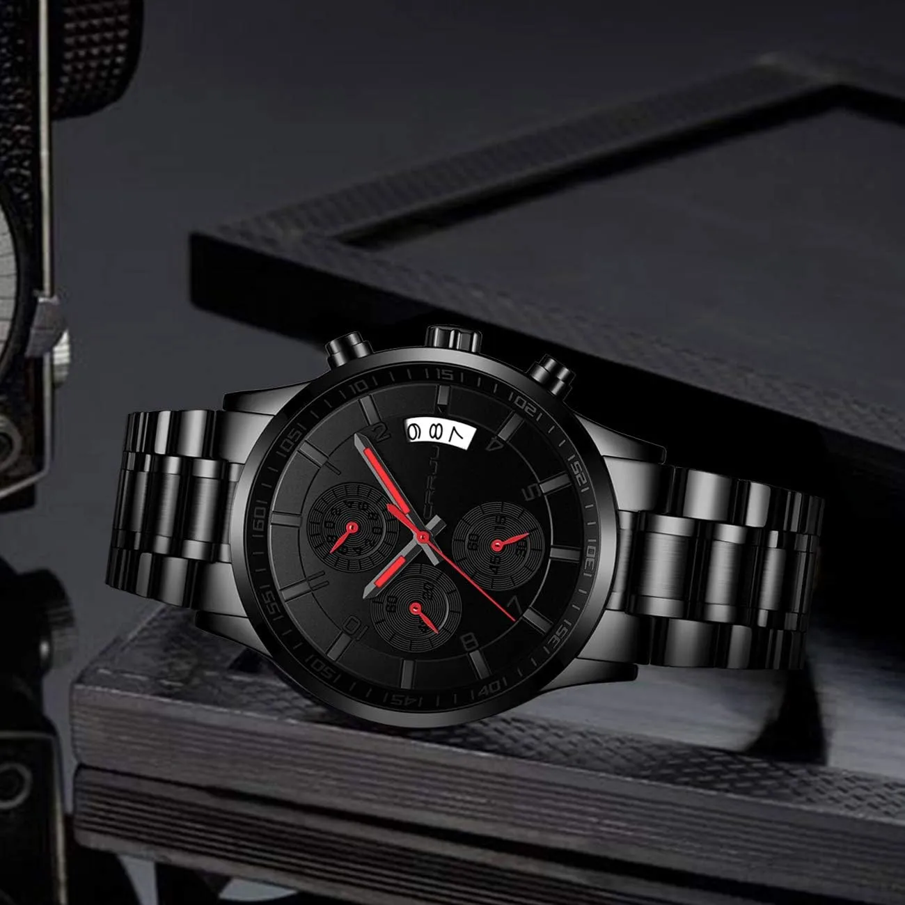 Date Waterproof Chronograph Wristwatches,Stainsteel Steel Band Waterproof Watch CRRJU Men's equitable convex Fashion Stainless Steel Watches 