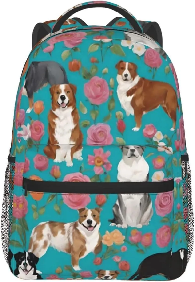Daypack Large versus Capacity Bookbag With Side Pockets for Sports Picnic Walking Cycling Women Men Polyester Australian Shepherd Dogs Flowers Art Casual 