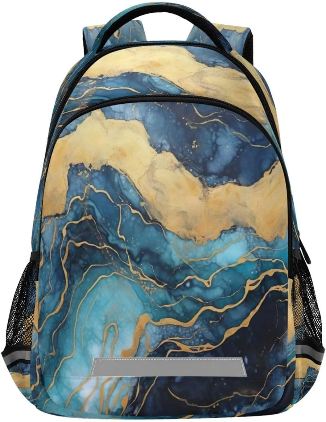Daypack with Ergonomic Shoulder Straps#762 Gold Blue shake Marble Design Waterproof Backpack - Casual Outdoor Sports 