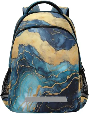 Daypack with Ergonomic Shoulder Straps#762 Gold Blue shake Marble Design Waterproof Backpack - Casual Outdoor Sports 