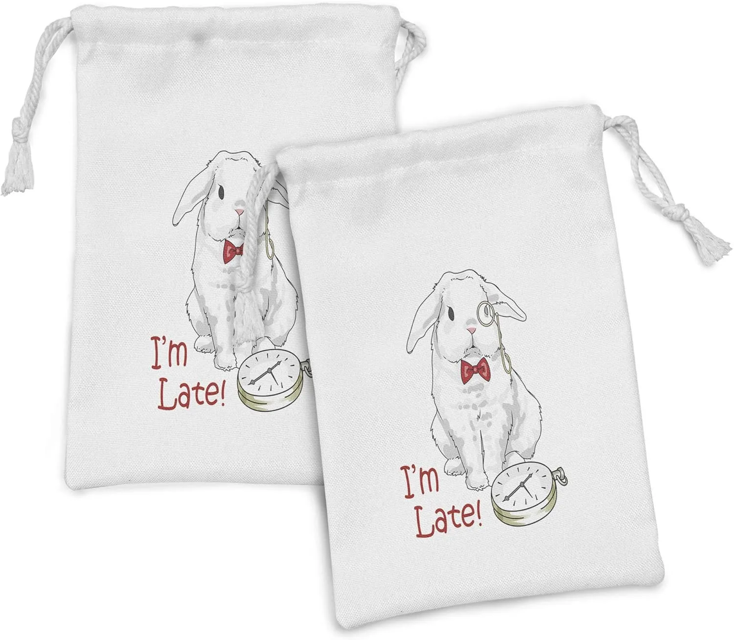 Design Character Fantasy, Small Drawstring Bag for Toiletries Masks and Favors, 9" compatible globe receptacle settle balance x 6", White Red Lunarable Alice in Wonderland Fabric Pouch Set of 2, Funny Rabbit Watches in Cartoon Style 