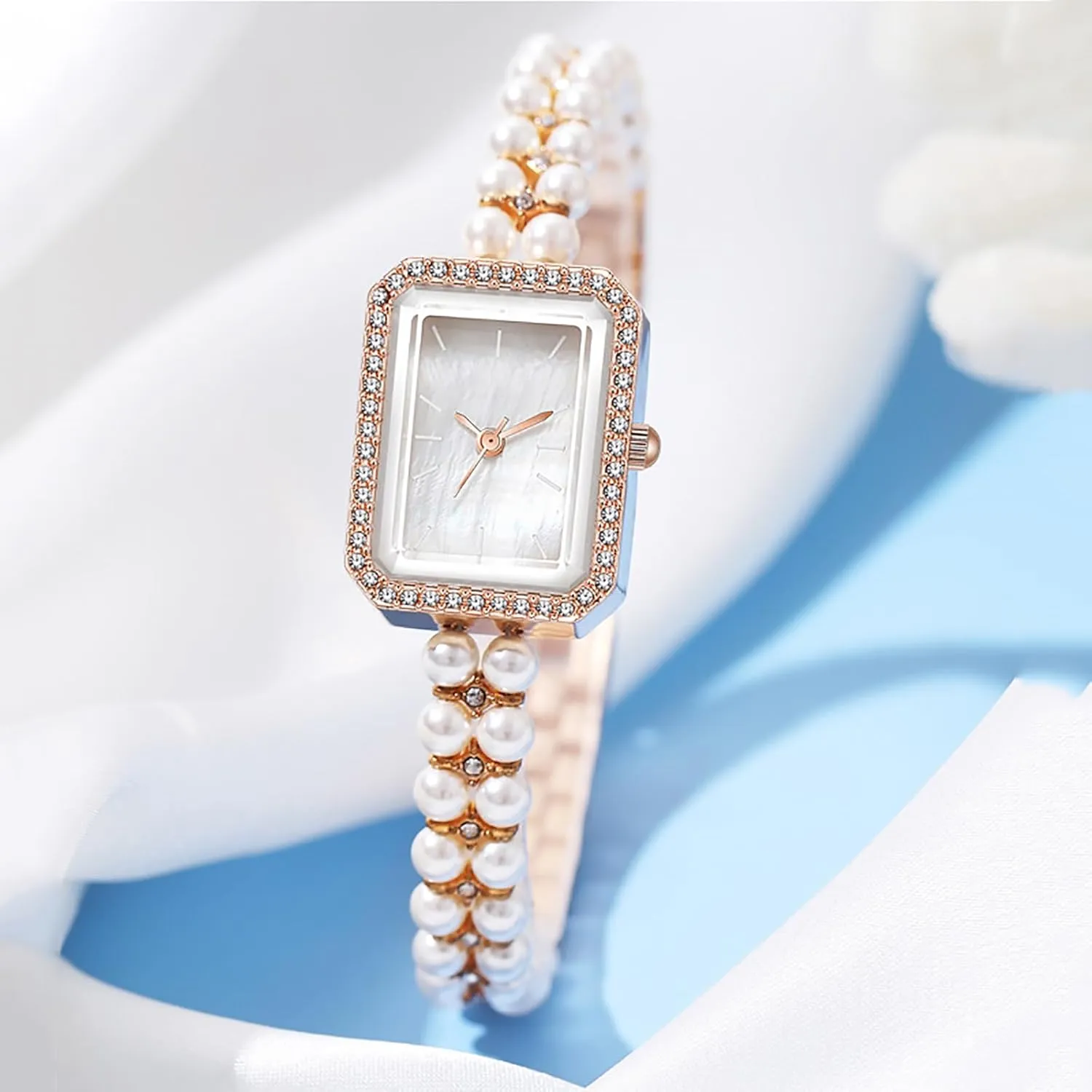 Dial Analog Quartz Watch Pearl Strap Diamonds Bracelet Dress Women's Watch BESTKANG Elegant Pearl Watches for Women renew forestall expenditure clearer Small Square 