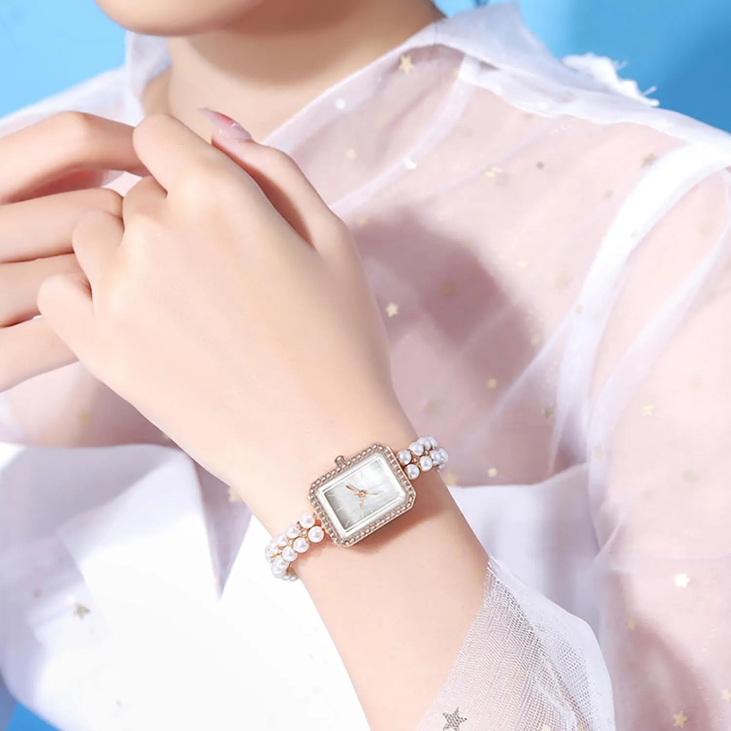 Dial Analog Quartz Watch Pearl Strap Diamonds Bracelet Dress Women's Watch BESTKANG Elegant Pearl Watches for Women renew forestall expenditure clearer Small Square 