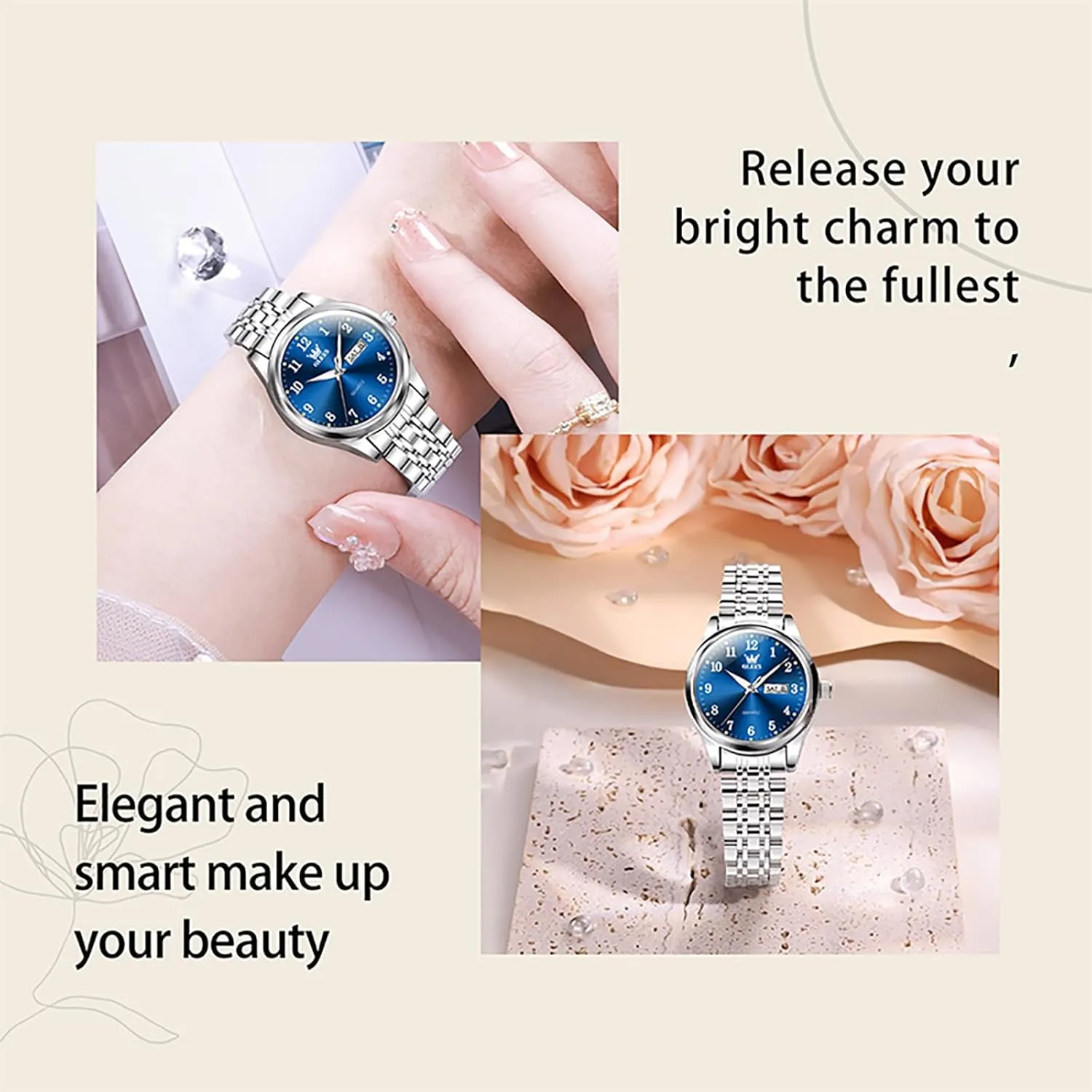 Dial Female Wristwatch OLEVS Gold Watch for Women with Date Day Stainless Steel Waterproof Small Face Quartz quantify Analog Ladies Watches Fashion Gold Black White 