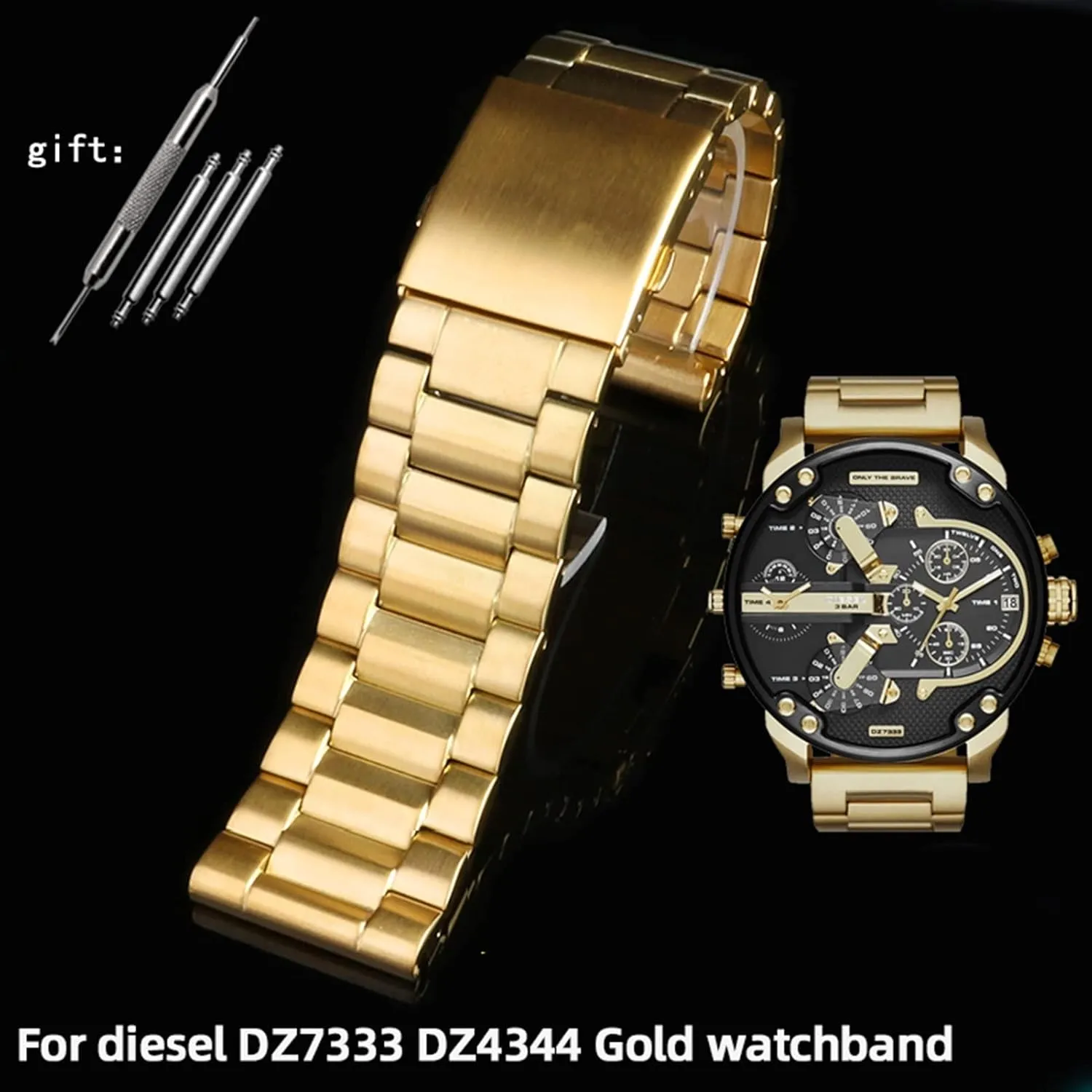 dial Men metal stainless steel watch band gold strap 24MM 26MM 28MM Bracelet, Golden A For diesel DZ7333 DZ4344 Watch boredom large 